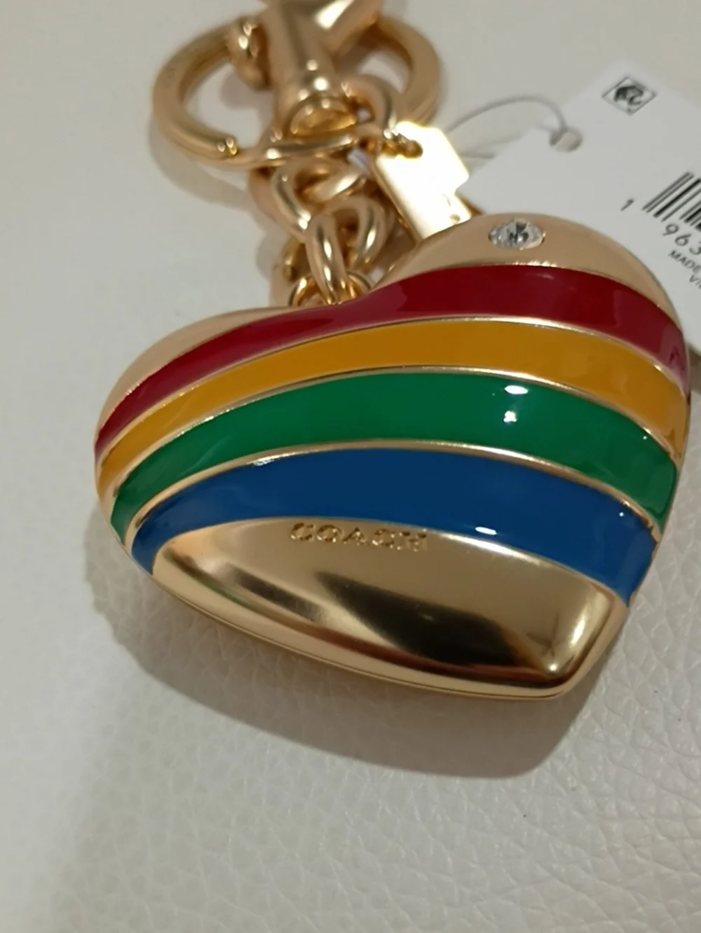 Coach Gold Heart Keychain/Bag Charm with Rainbow Enamel Stripes